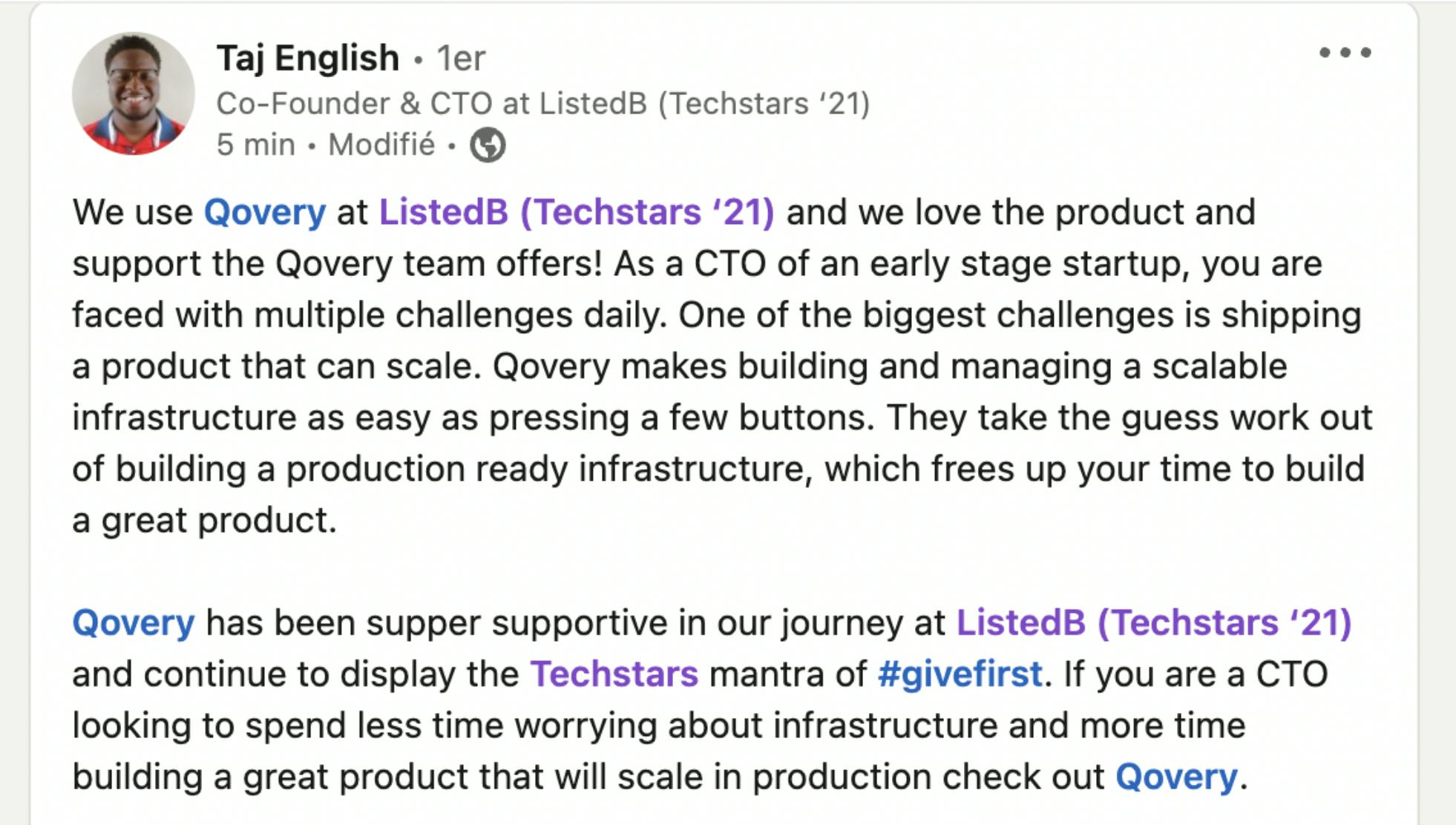 Message from Taj English - Co-founder and CTO of ListedB and happy Qovery customer. (Thank you Taj 🙏)