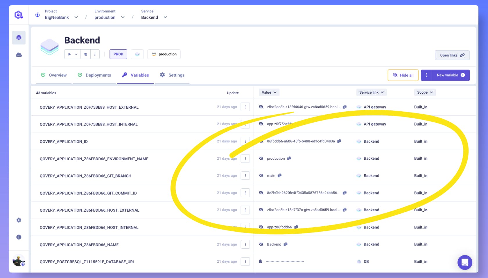 Built-in Environment Variables from the Qovery interface