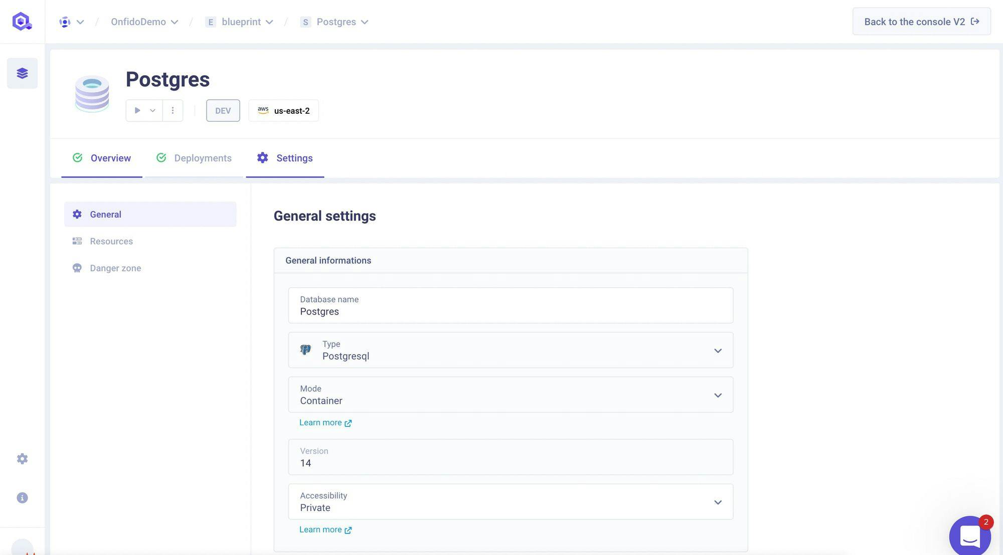 Database Settings Panel on the V3