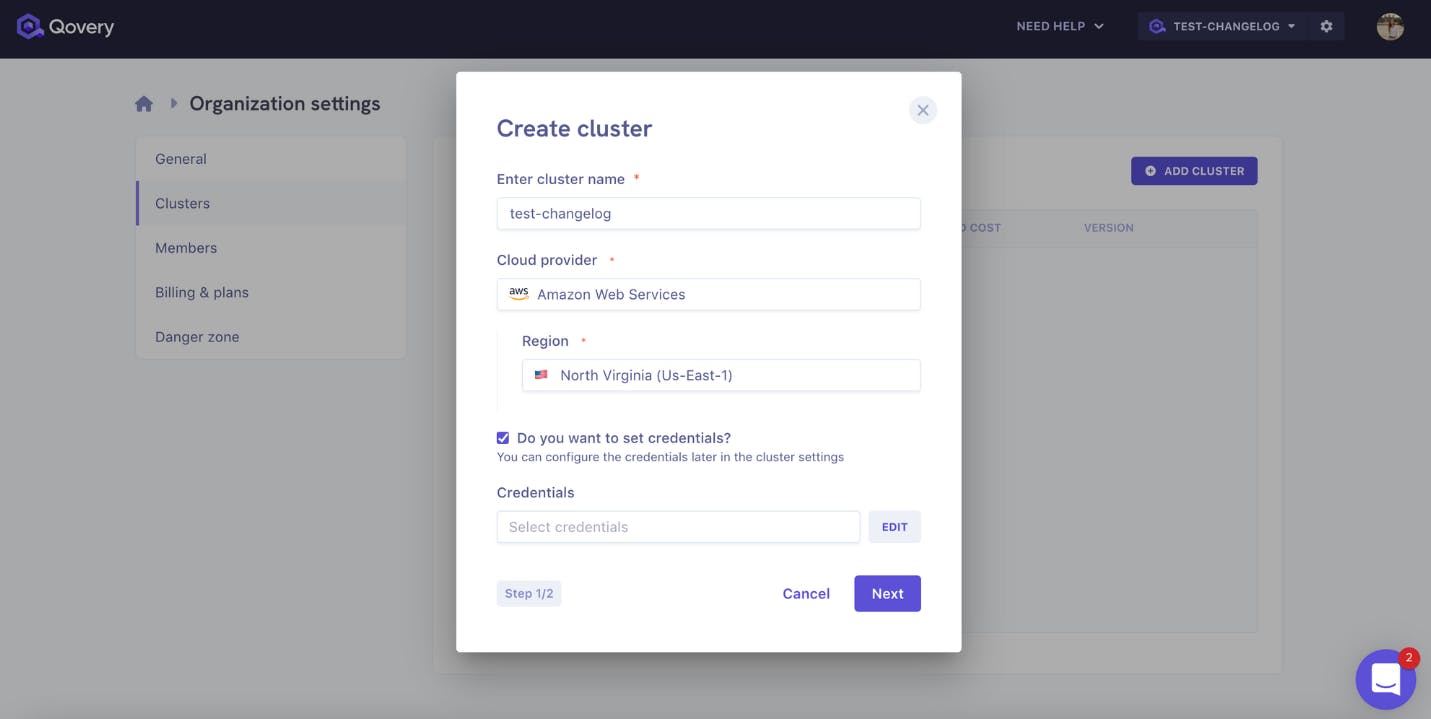 Panel to add credentials during the cluster creation 