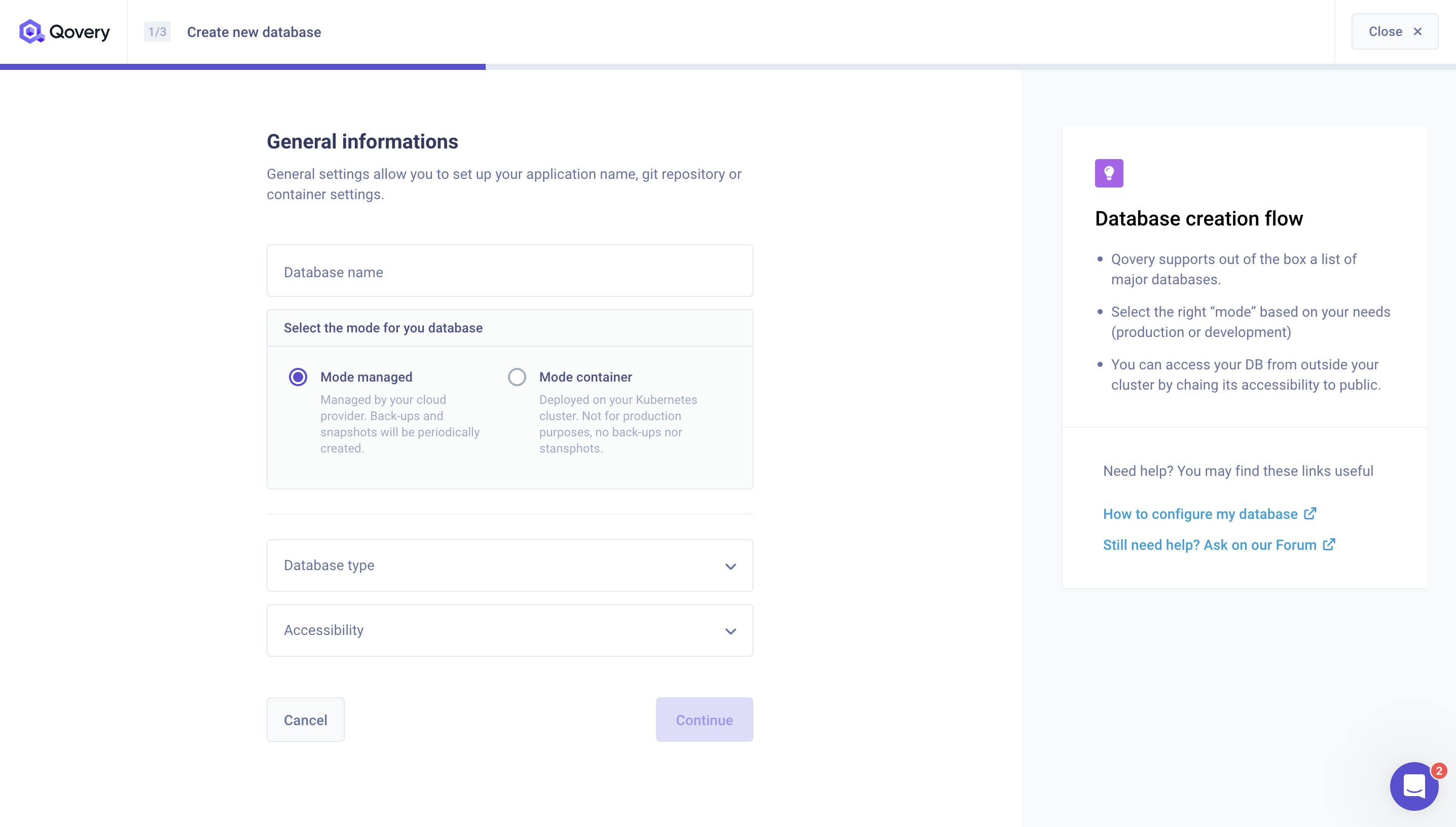 Database Creation Panel in the V3