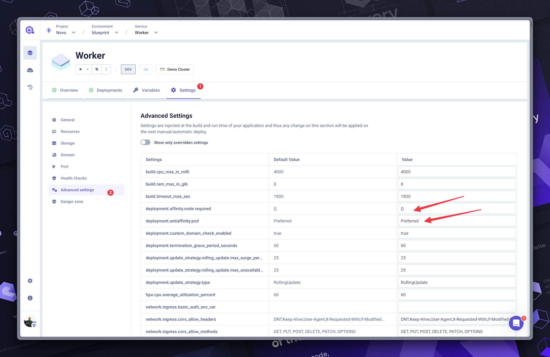 Pod Anti-Affinity and Node Affinity configuration from the Service Advanced Settings