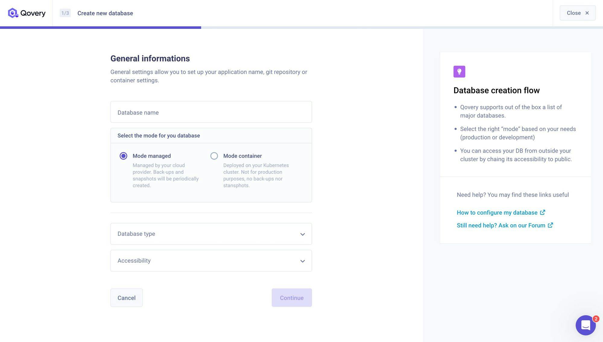 Database Creation Panel on the V3