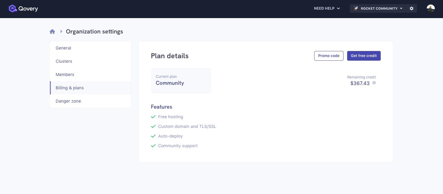 Community plan details - get access to your remaining Qovery Credits