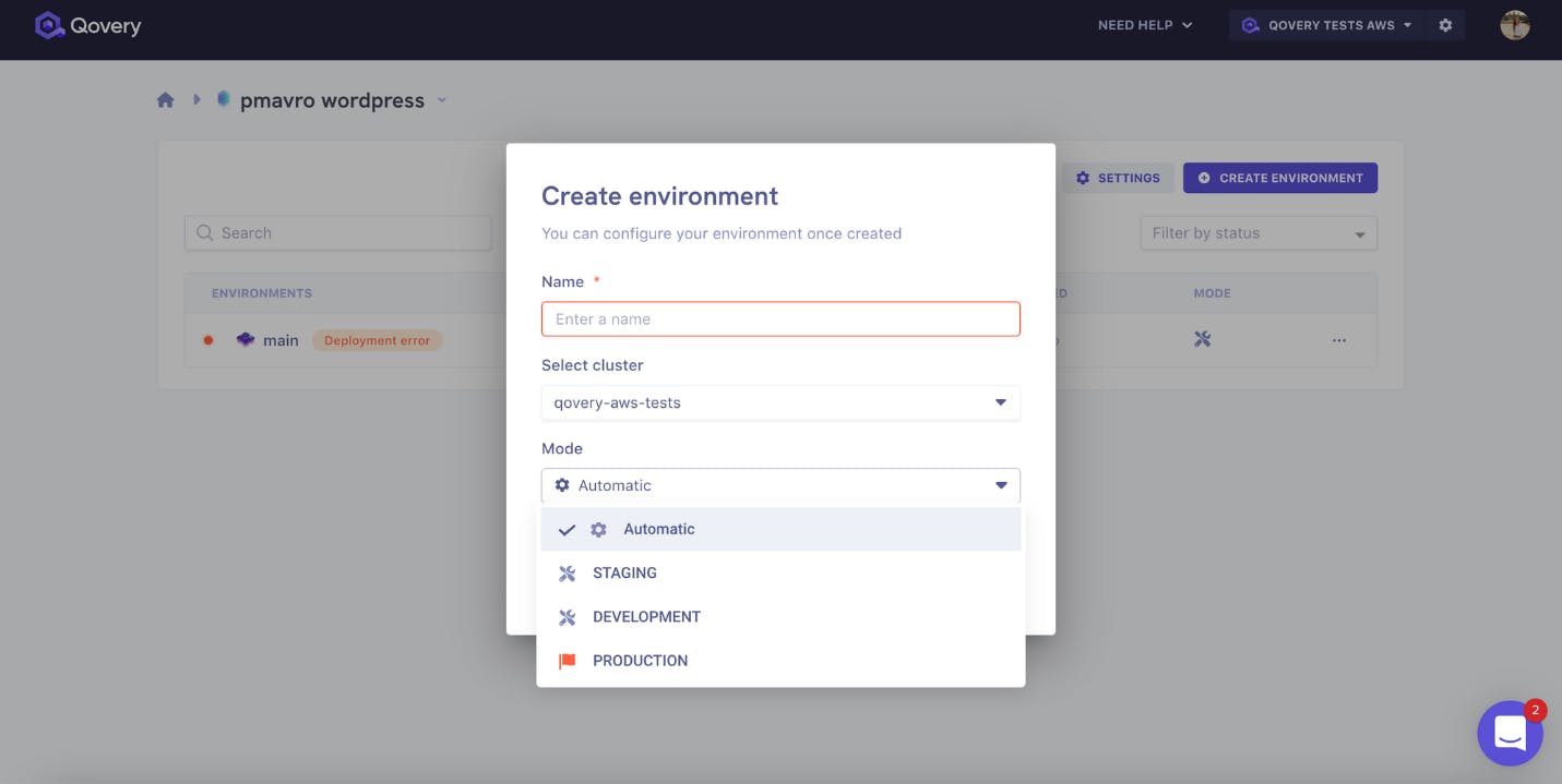 Panel to specify the environment mode in the Qovery console 