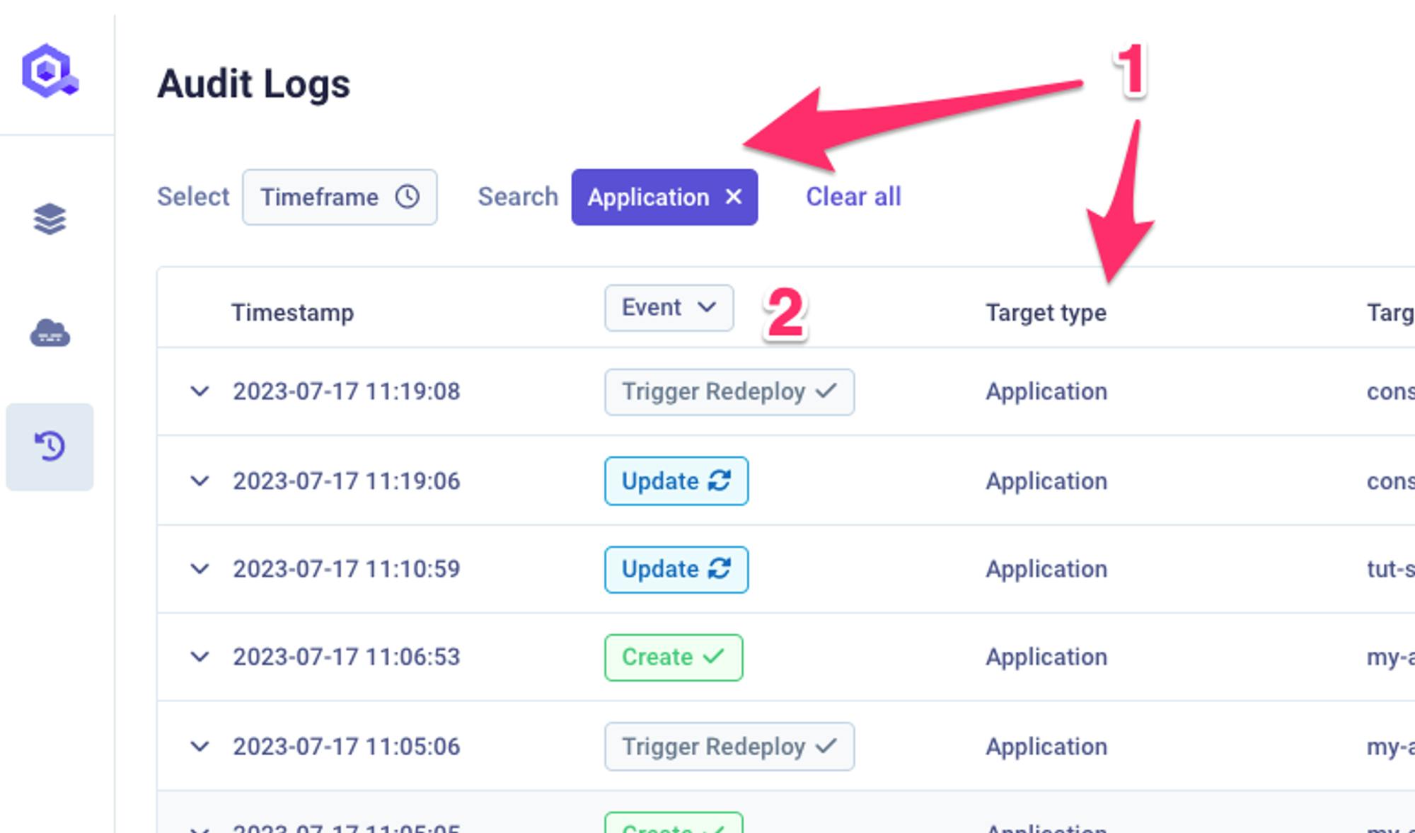 Audit Logs Filters in the Qovery Console