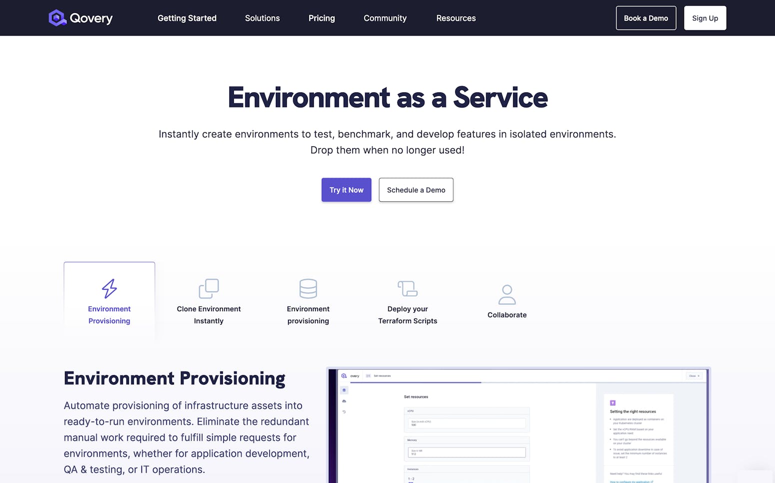 Qovery Environment as a Service Landing Page