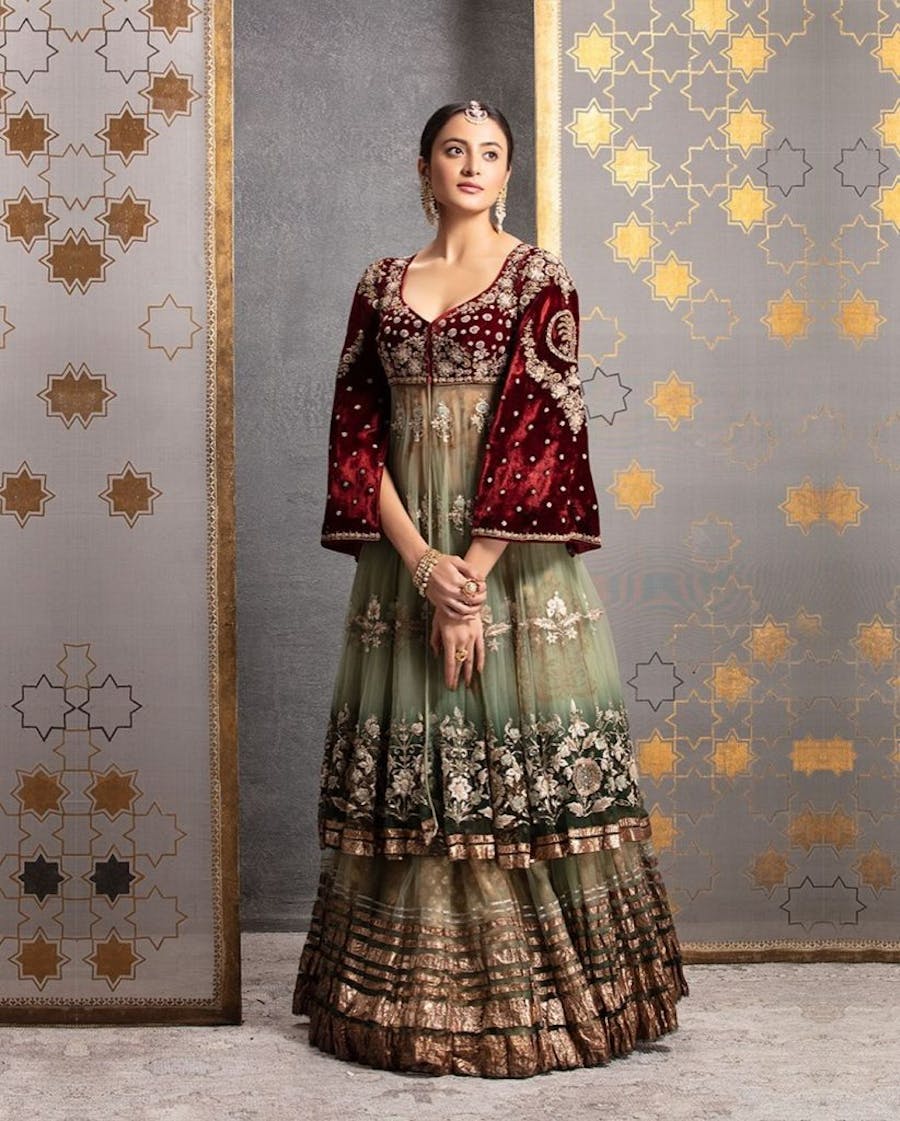 latest jacket over velvet lehenga design