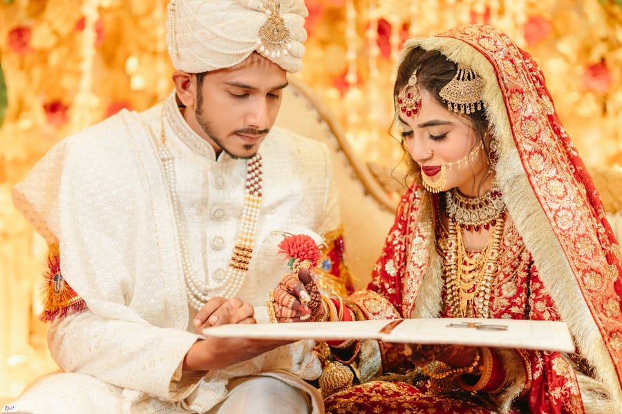 Muslim couple signing their marriage certificate