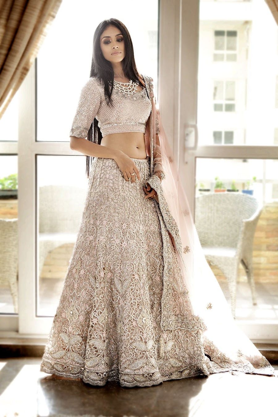 ivory color bridal velvet lehenga