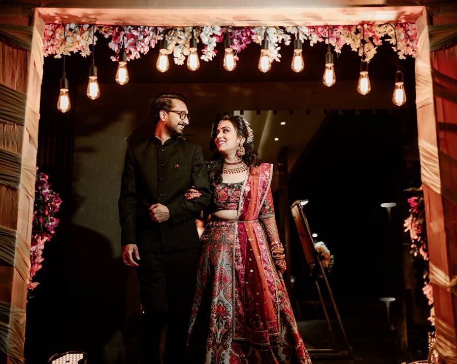 Beautiful couple in banarasi lehenga