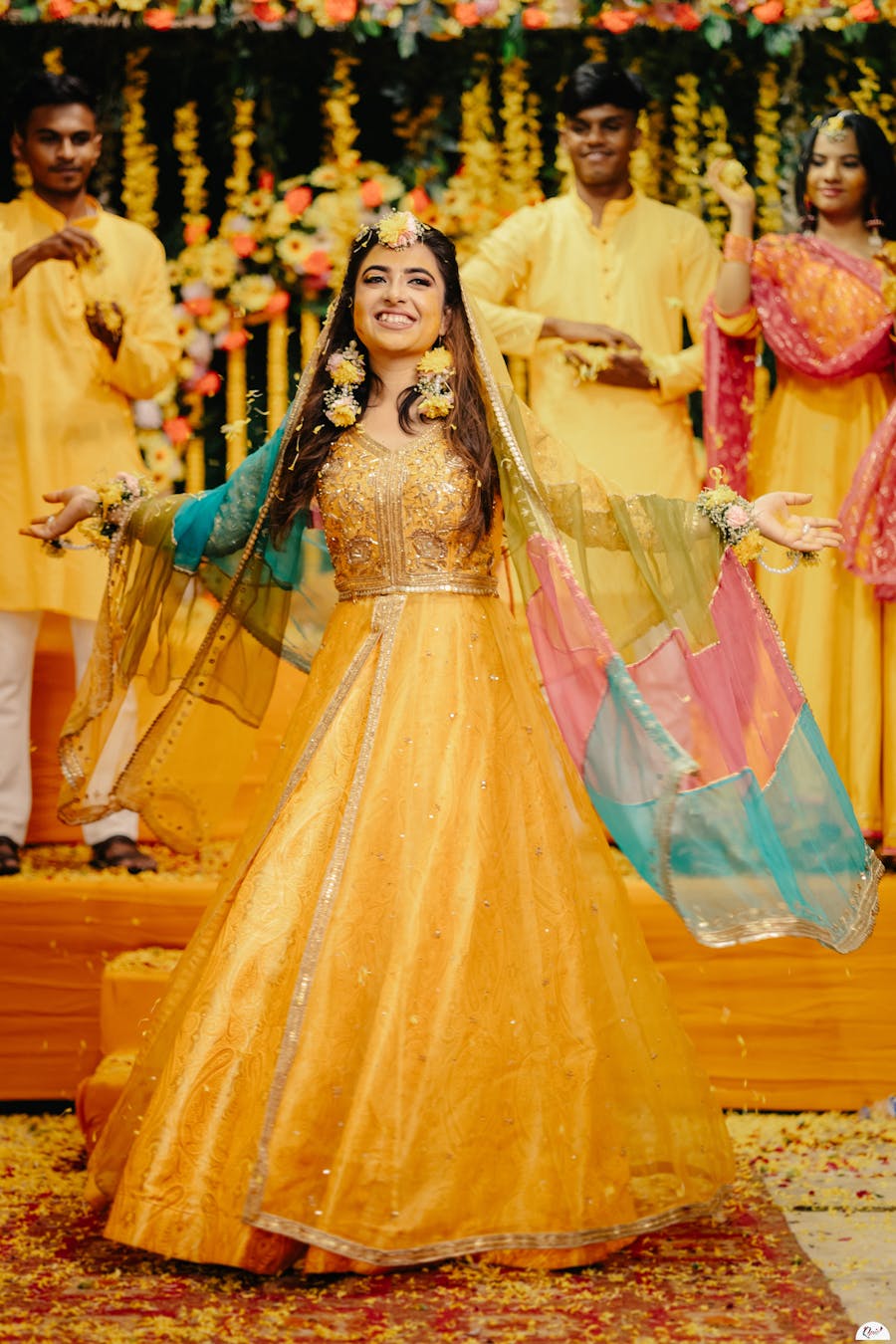 Swirling pose of bride on Haldi