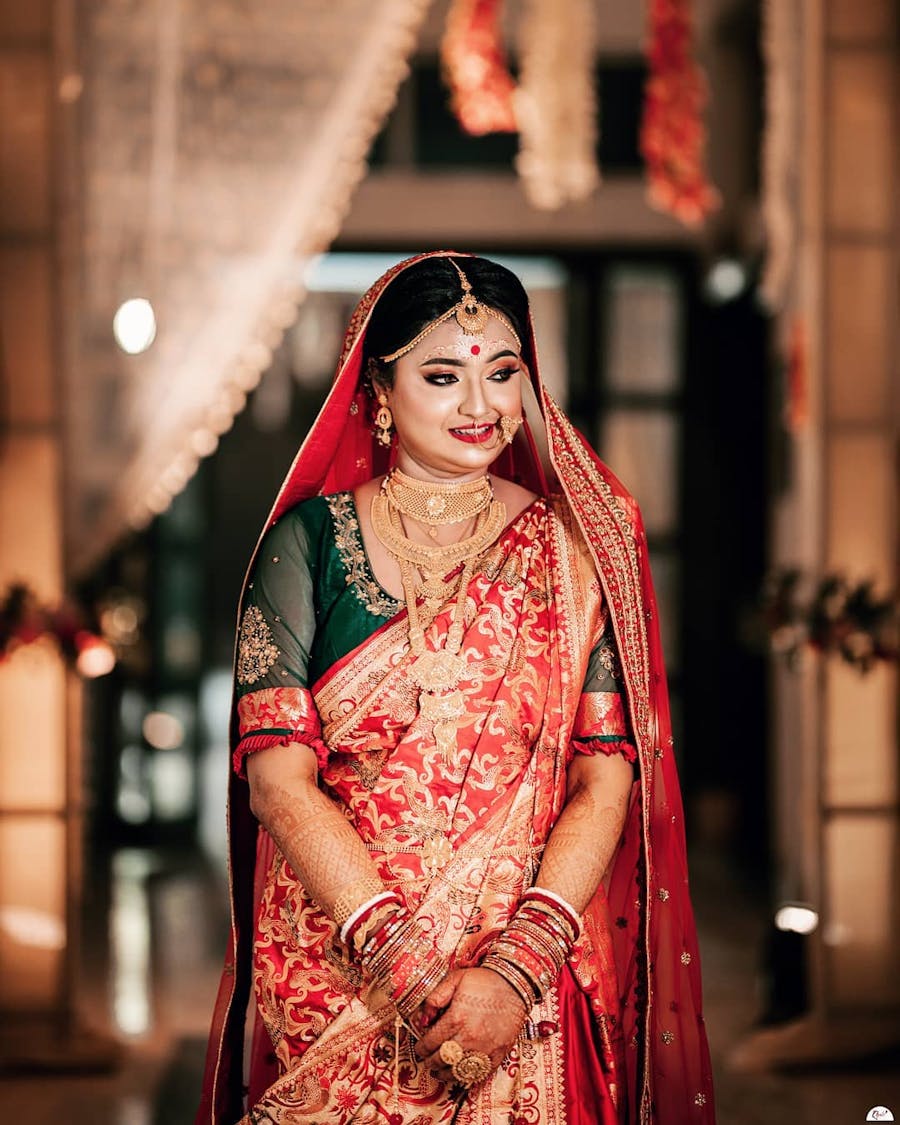 Red and green benarasi look