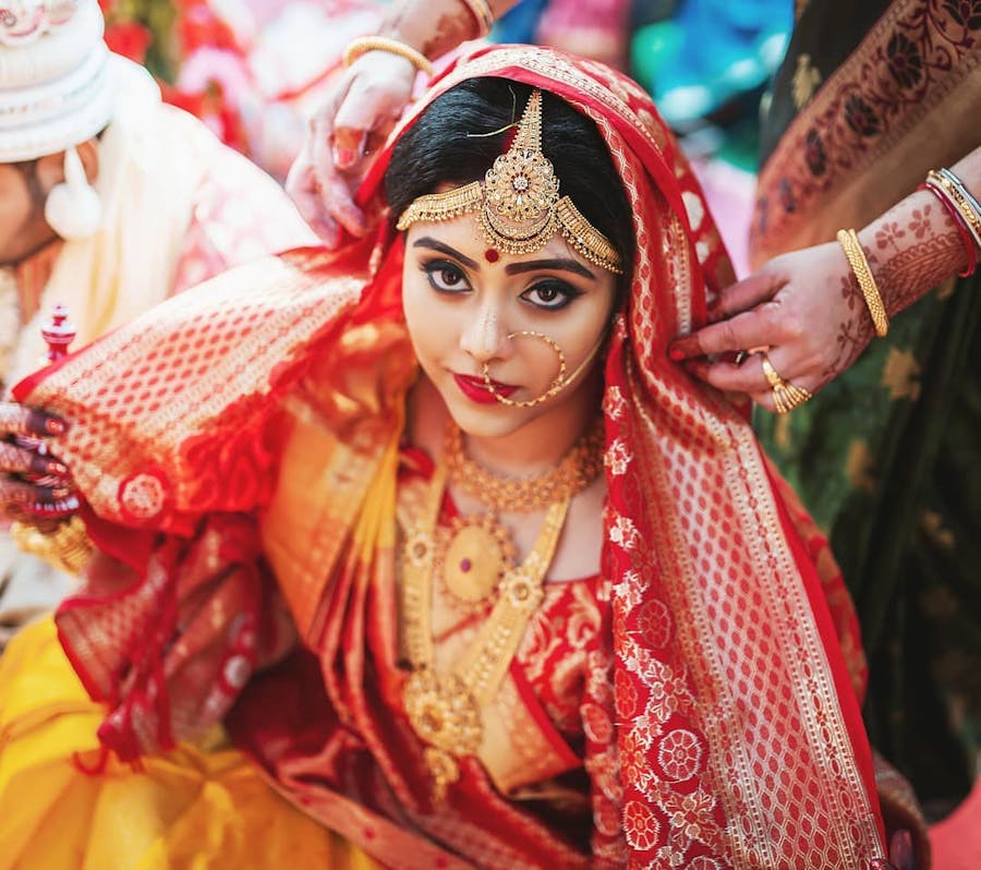 Yellow red bridal benarasi saree