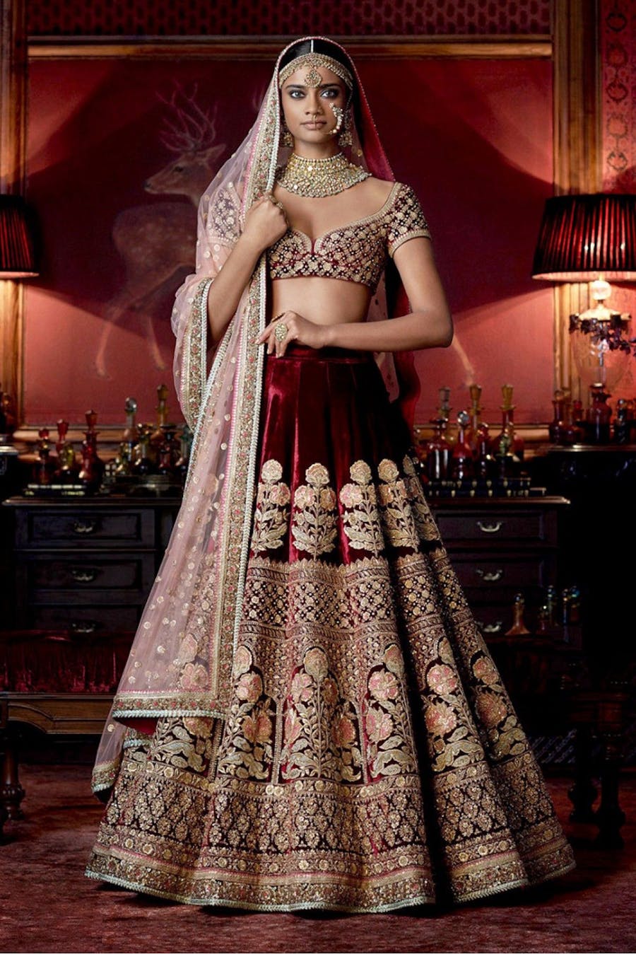 maroon velvet lehenga for wedding