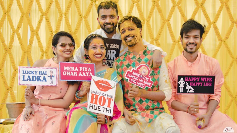haldi poses with friends