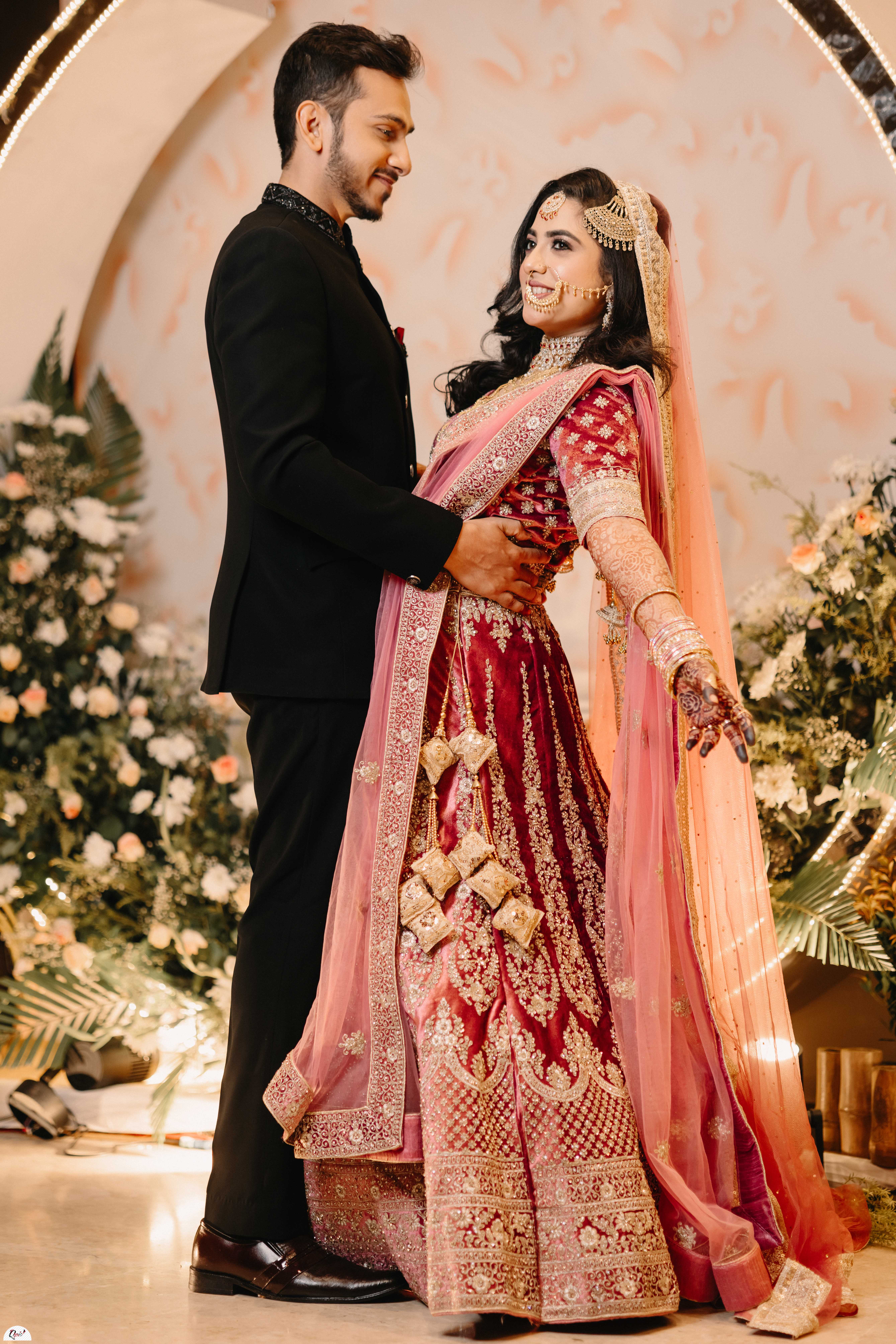 Romantic pose of wedded couple