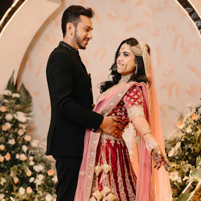 Romantic pose of wedded couple