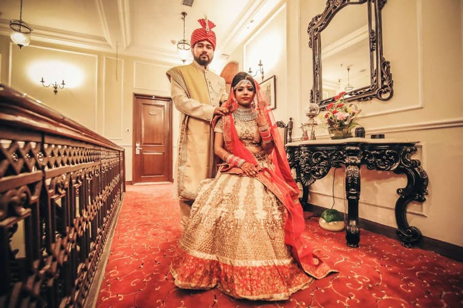 Red and white lehenga photo