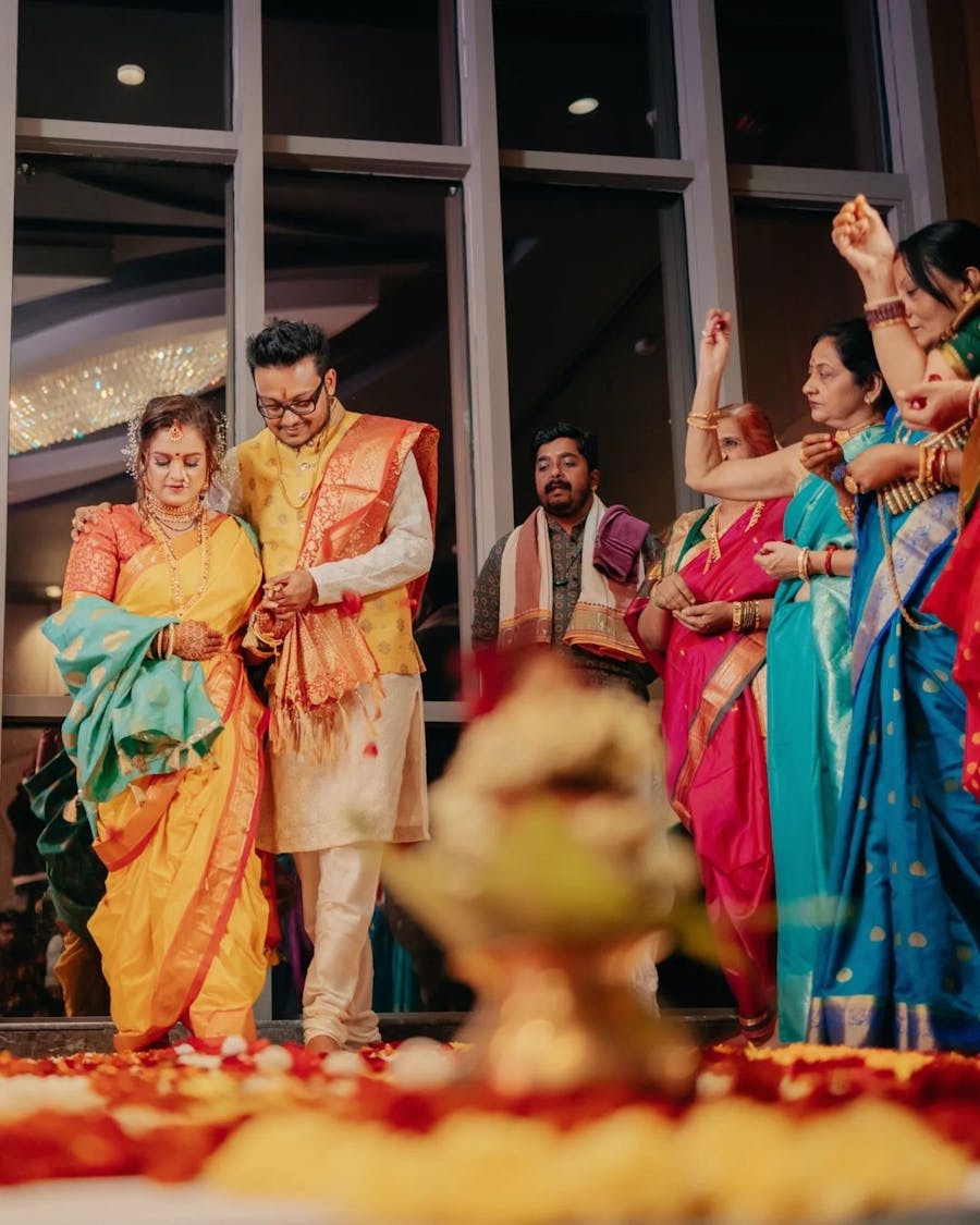 Couple walking in their reception venue