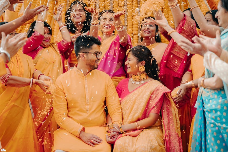 couple poses for haldi
