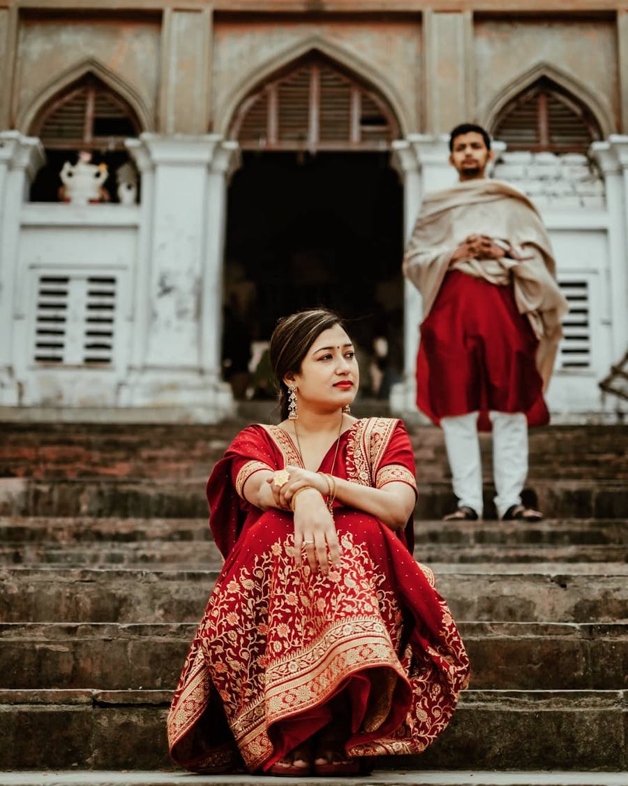 Maroon saree for pre wedding shoot and kurta