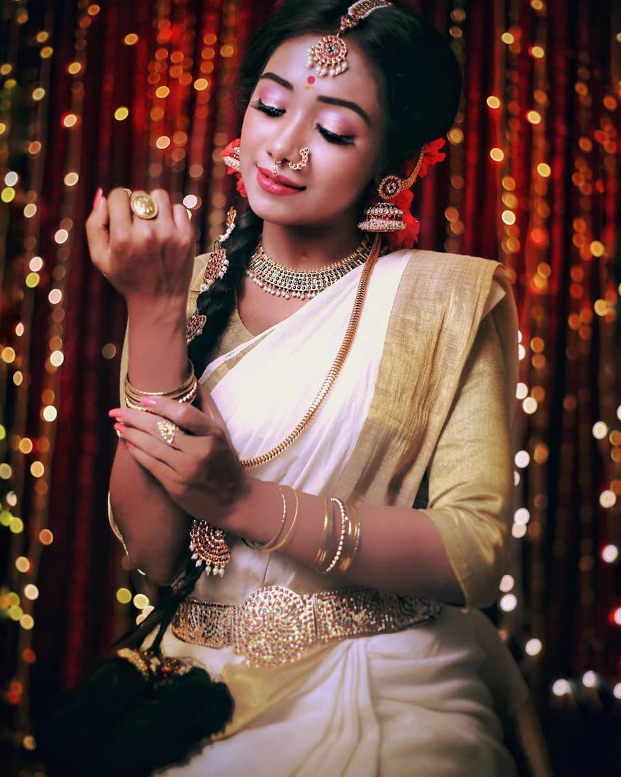 Keralian white and golden saree look