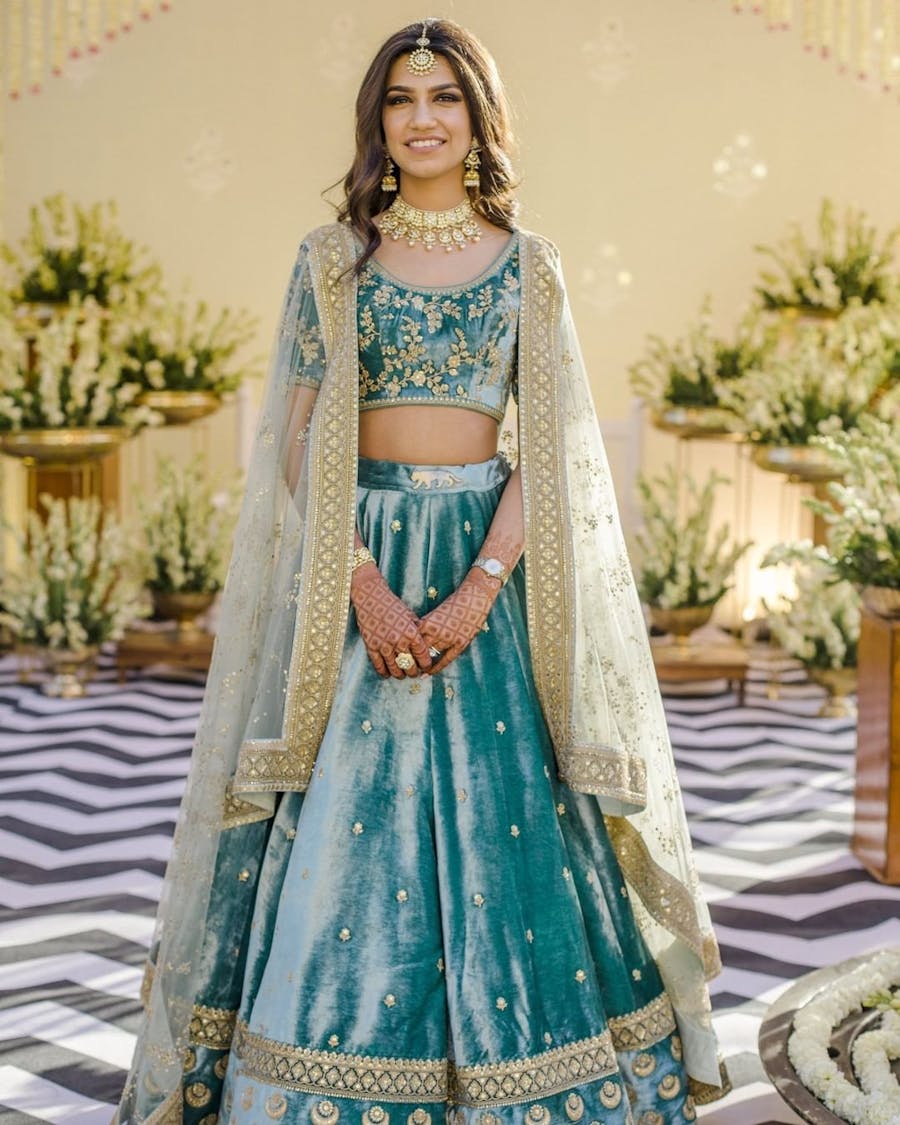 sky blue velvet bridal lehenga