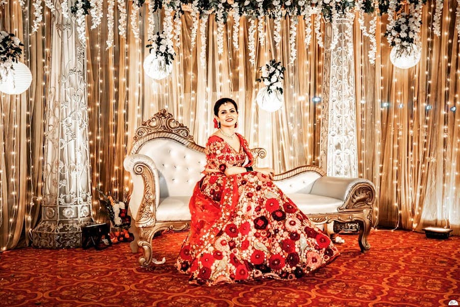 beautiful bride in floral applique lehenga