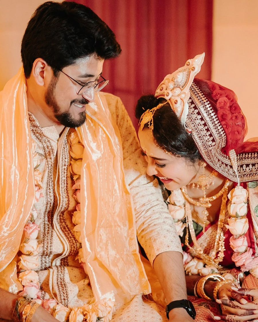 Bride and groom giggling