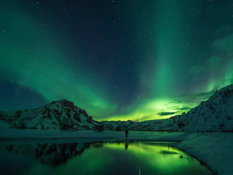 snow mountain with Aurora borealis