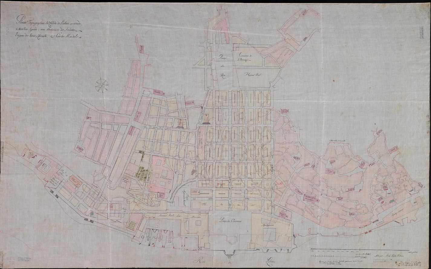 Copy of plan number 5 for the reconstruction of Lisbon. Here you can see the topographic plan of the City of Lisbon Ruined - in pink the design of the streets of Lisbon before the earthquake and in yellow, the new urban alignment, with the new layout of the streets and the new buildings - proposed by Captain Eugénio dos Santos (1711-1760). April 1756, Lisbon. MC.DES.0015, Colecção do Museu de Lisboa /Câmara Municipal de Lisboa – EGEAC