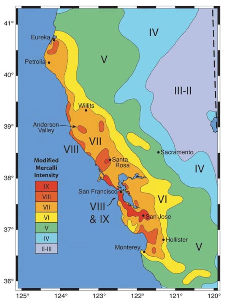 Source: Boatwright, J., & Bundock, H. (2008). The distribution of modified Mercalli intensity in the 18 April 1906 San Francisco earthquake. Bulletin of the Seismological Society of America, 98(2), 890-900. 