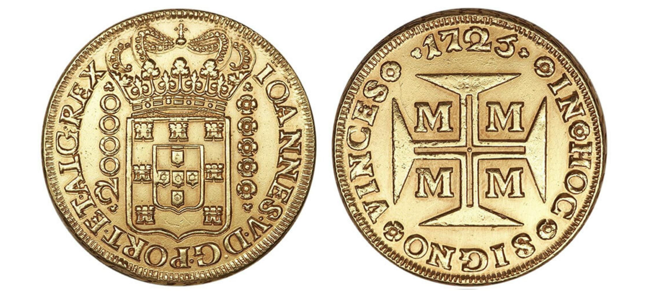 Dobrão de D. João V   Pièce d'or du Portugal, frappée à Minas Gerais en 1727  Diamètre : 38 mm, Poids : 53,80 g, Métal : Or 0,9166/1000