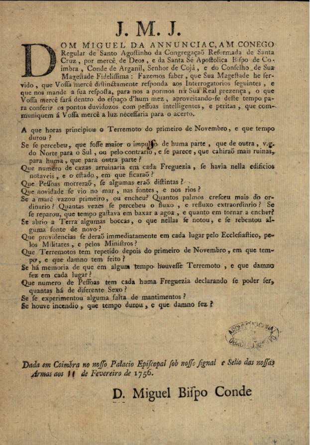 Original imprimé de l'enquête envoyée par l'évêque de Coimbra, 1756. Image reproduite avec l'aimable autorisation des ANTT – Aquivo Nacional Torre do Tombo