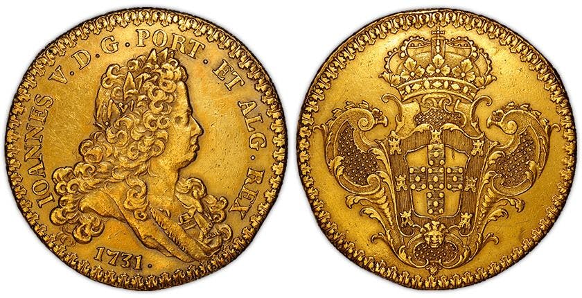 Dobra de D. João V – 24 escudos Moeda em ouro de Portugal, 1731. Diâmetro: 53 mm, Peso: 84,41 g, Metal: Ouro   Dobra 1 © Collect Prime
