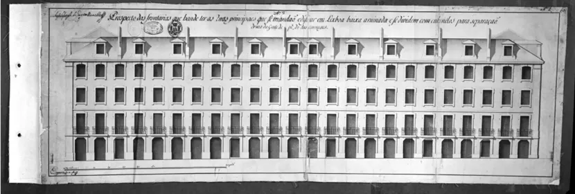 Prospecto das frontarias que hande ter as ruas principaes que se mandaõ edificar em Lisboa baixa arruinada e se dividem com colunelos para separaçaõ do uzo da gente de pé do das carruages. Desenho a tinta-da-china, assinado por Sabastião Joseph de Carvalho e Mello e Eugénio dos Santos e Carvalho. Cartulário Pombalino © Arquivo Municipal de Lisboa.