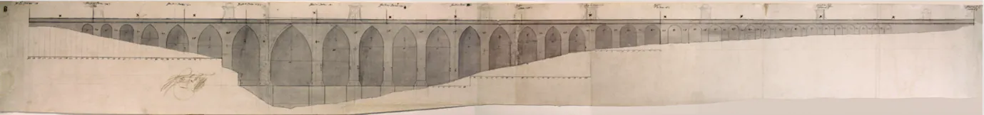 Alçado da arcaria do Aqueduto das Águas Livres no Vale de Alcântara, Séc. XVIII - 1ª metade -  Desenho de Custódio Vieira; MC.DES.0476 © Colecção do Museu de Lisboa /Câmara Municipal de Lisboa – EGEAC  