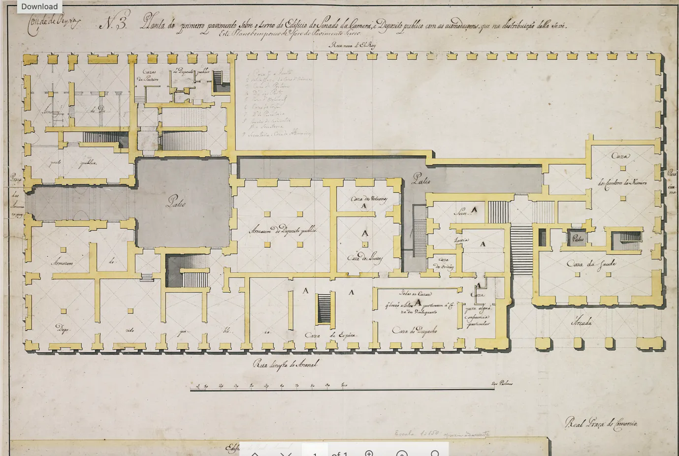 Planta do primeiro pavimento sobre o terreo do Edificio do Senado da Camera (...), desenho de Eugénio dos Santos e Carvalho (1711-1760), MC.DES.1083 -  © Colecção do Museu de Lisboa /Câmara Municipal de Lisboa – EGEAC 