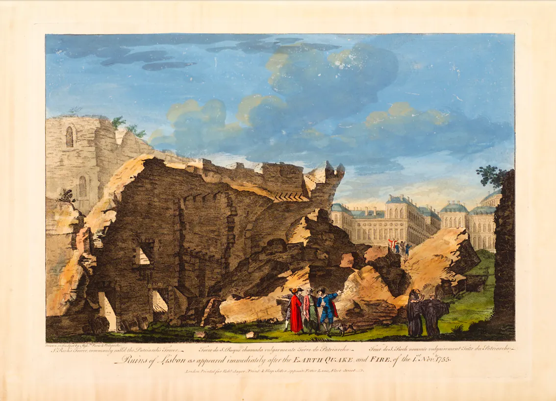 “Torre de São Roque”, uma das 6 gravuras da “Collecaõ de algumas ruinas de Lisboa : causadas pelo terremoto & pelo fogo, do primeiro de Novembro, do anno 1755 / debuxadas na mesma Cidade par m.m. Paris & Pedegache” e gravadas em 1757 por Jacques-Philippe Le Bas em Paris. © Colecção do Museu de Lisboa /Câmara Municipal de Lisboa – EGEAC