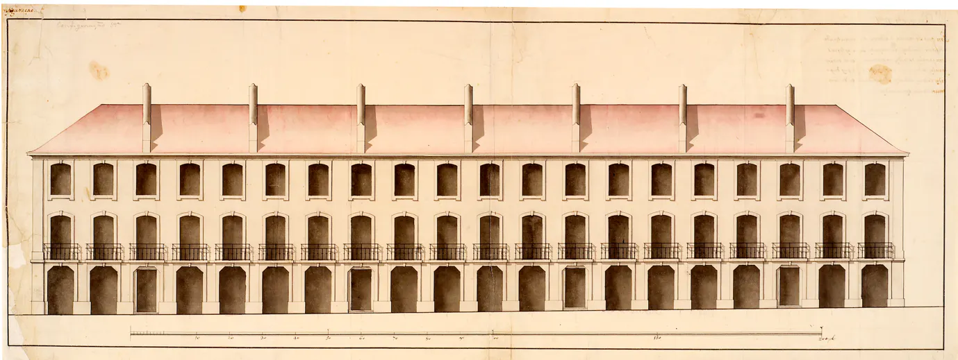 Projecto nº 1 para as edificações da Baixa , Eugénio dos Santos e Carvalho (1711-1760), desenho em papel,  a tinta da china e aguarela. MC.DES.1078, © Colecção do Museu de Lisboa /Câmara Municipal de Lisboa – EGEAC 