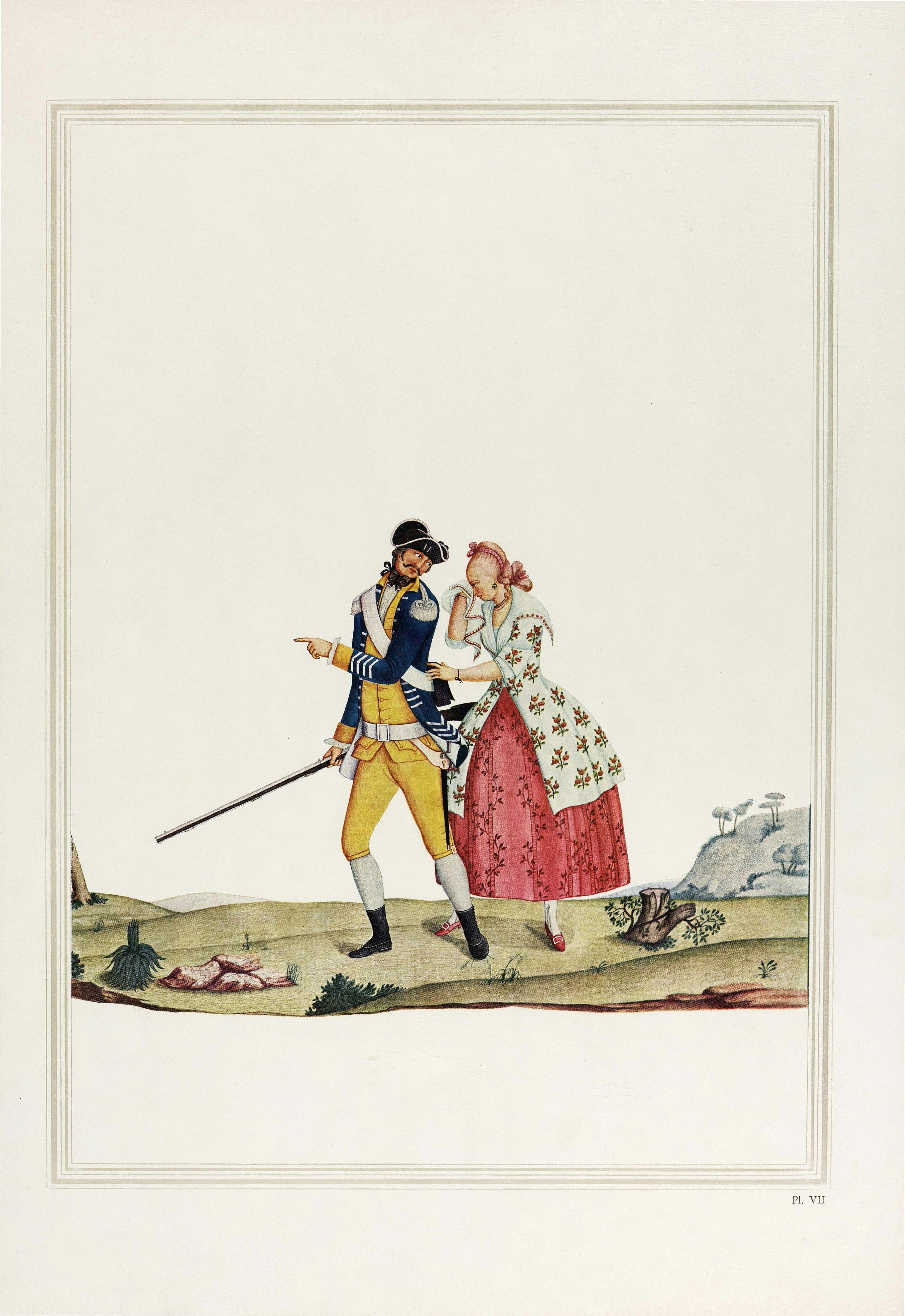 Romantic Scene: Soldier of the Moura Infantry Regiment bidding farewell to a crying girl, 1767, watercolour by Carlos Julião (1740-1811), source: National Library, Ministry of Education and Culture, Rio de Janeiro