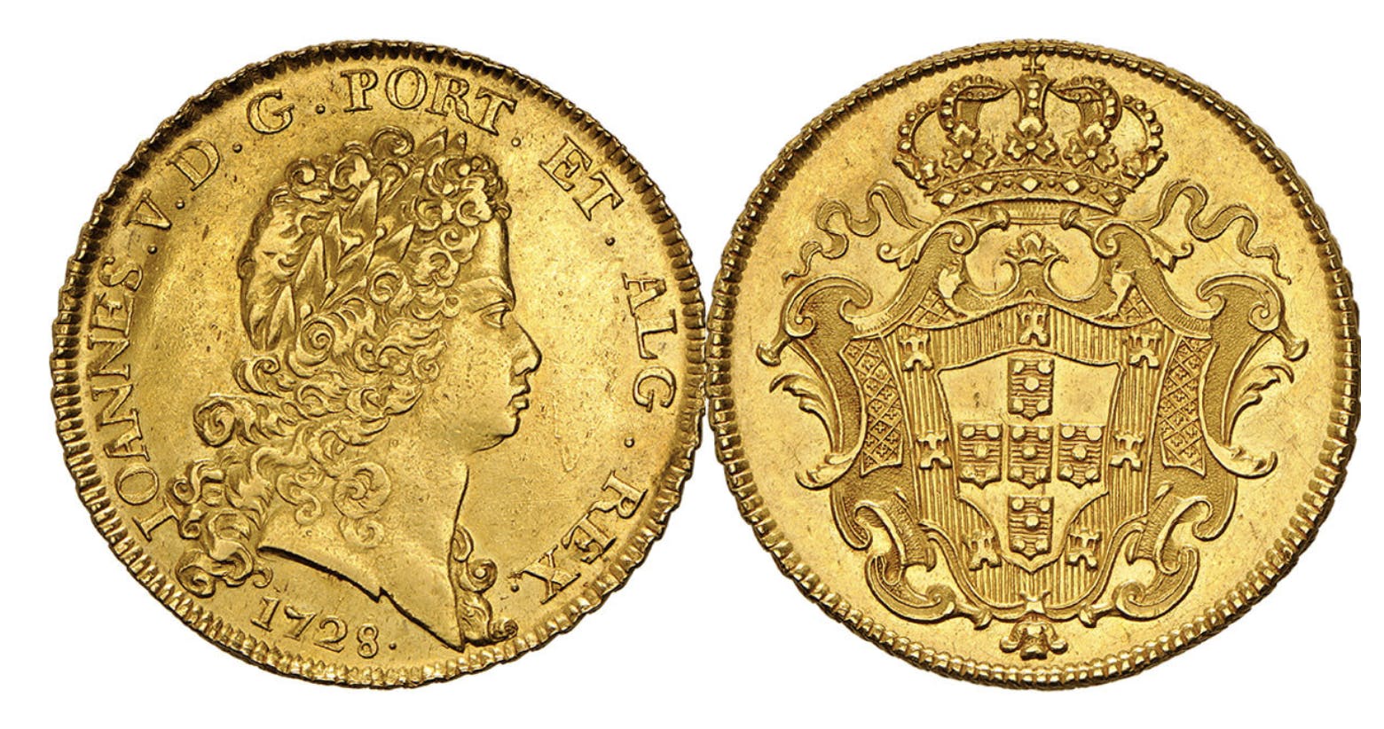 Dobra of D. João V – 24 escudos Gold coin from Portugal, 1731.  Diameter: 53 mm, Weight: 84.41 g, Metal: Gold   Dobra 1 © Heritage Auctions