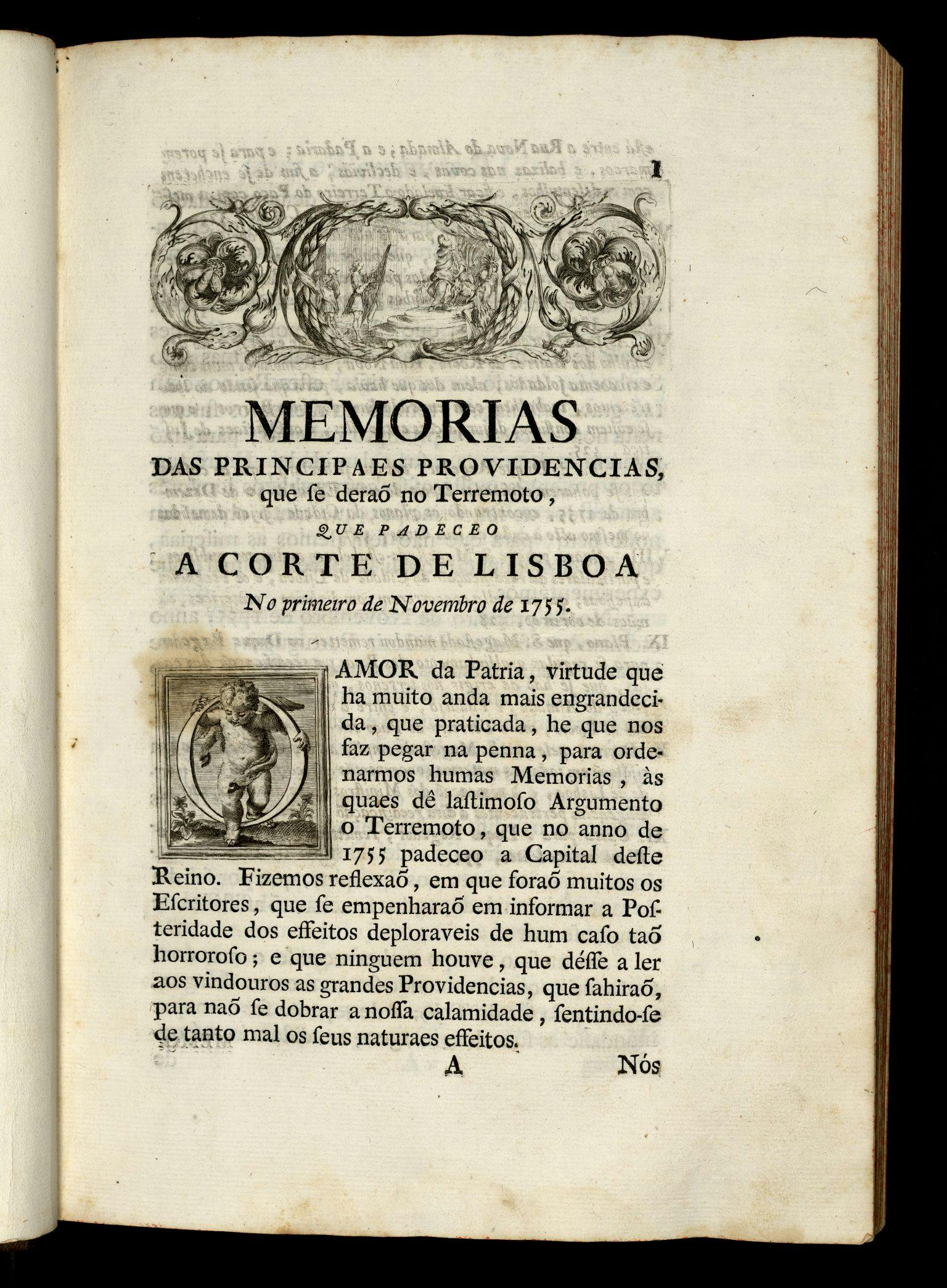 Primera página de la segunda parte de "MEMORIAS DAS PRINCIPAES PROVIDENCIAS, QUE SE DERAÕ NO TERREMOTO, QUE PADECEO A CORTE DE LISBOA NO ANO DE 1755, ORDENADAS, E OFFERECIDAS À MAJESTADE FIDELISSIMA DE ELREY D. JOSEPH I. NOSSO SENHOR"/ DE AMADOR PATRÍCIO DE LISBOA (seudónimo de Francisco José FREIRE, 1719-1773, C.O.), Lisboa, 1758, Fuente: Biblioteca Digital Nacional