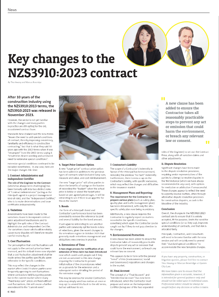 Key Changes to the NZS3910:2023 Contract