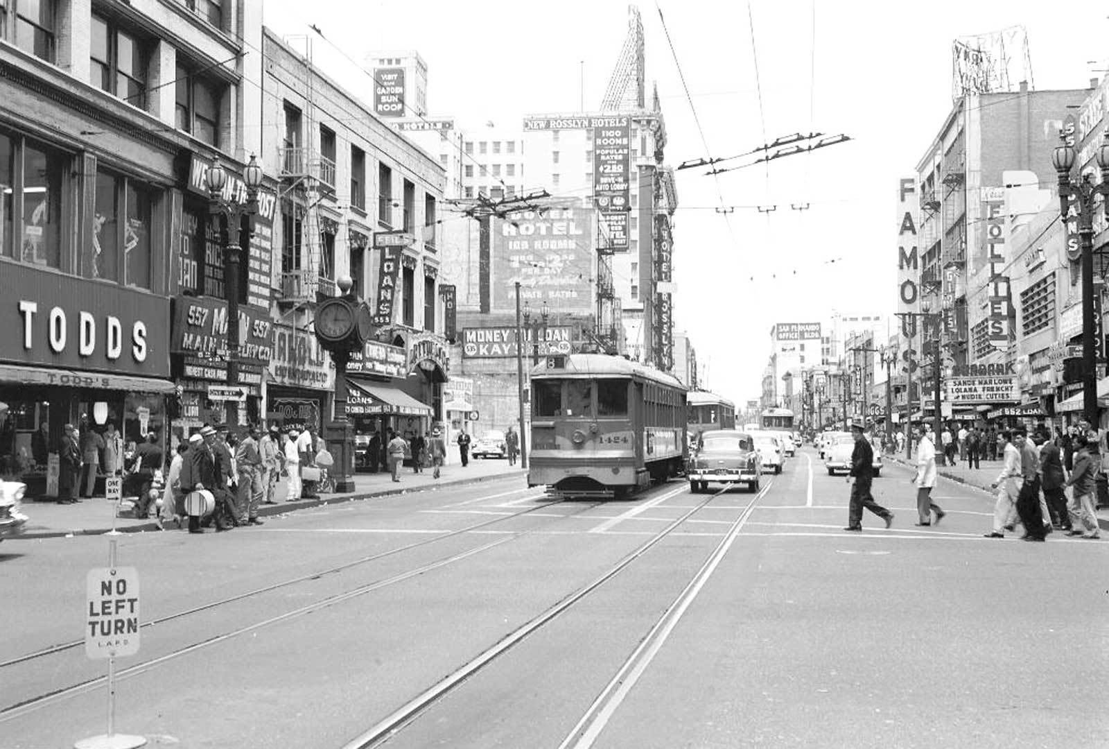 Los Angeles Transit Lines streetcar on Line 8 southbound on Main at 6th Streets in Downtown Los Angeles.