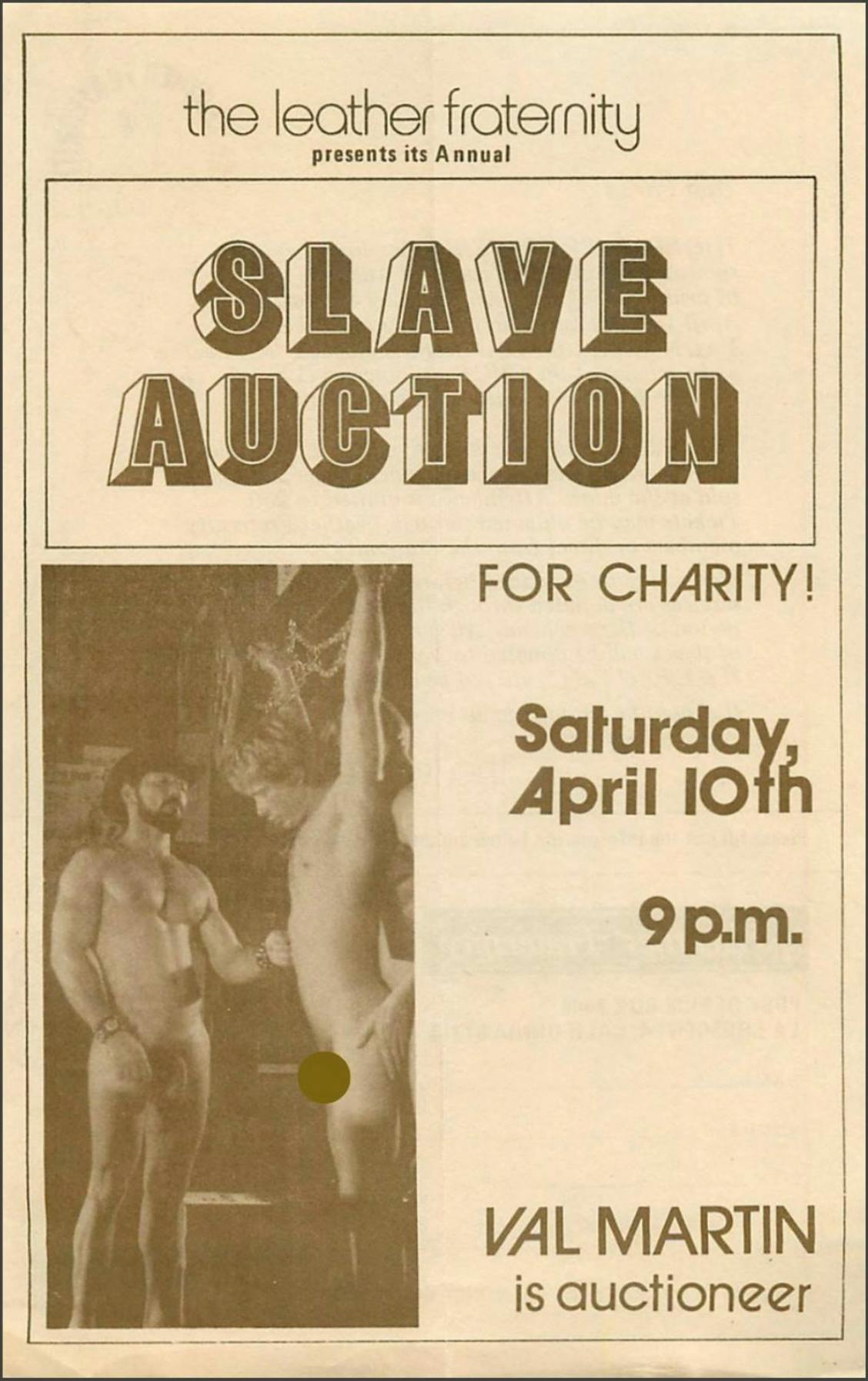 Flyer advertising the April 10, 1976, charity auction — with a privacy dot added.