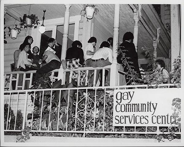 Outside L.A.’s old Gay Community Service Center (now the L.A. LGBT Center) circa 1971.