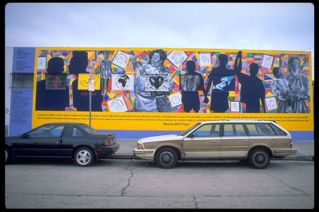 The diversity of people infected with the AIDS virus is depicted through five silhouetted figures, plus an African American mother holding her young child, and a black and Latino man embracing.