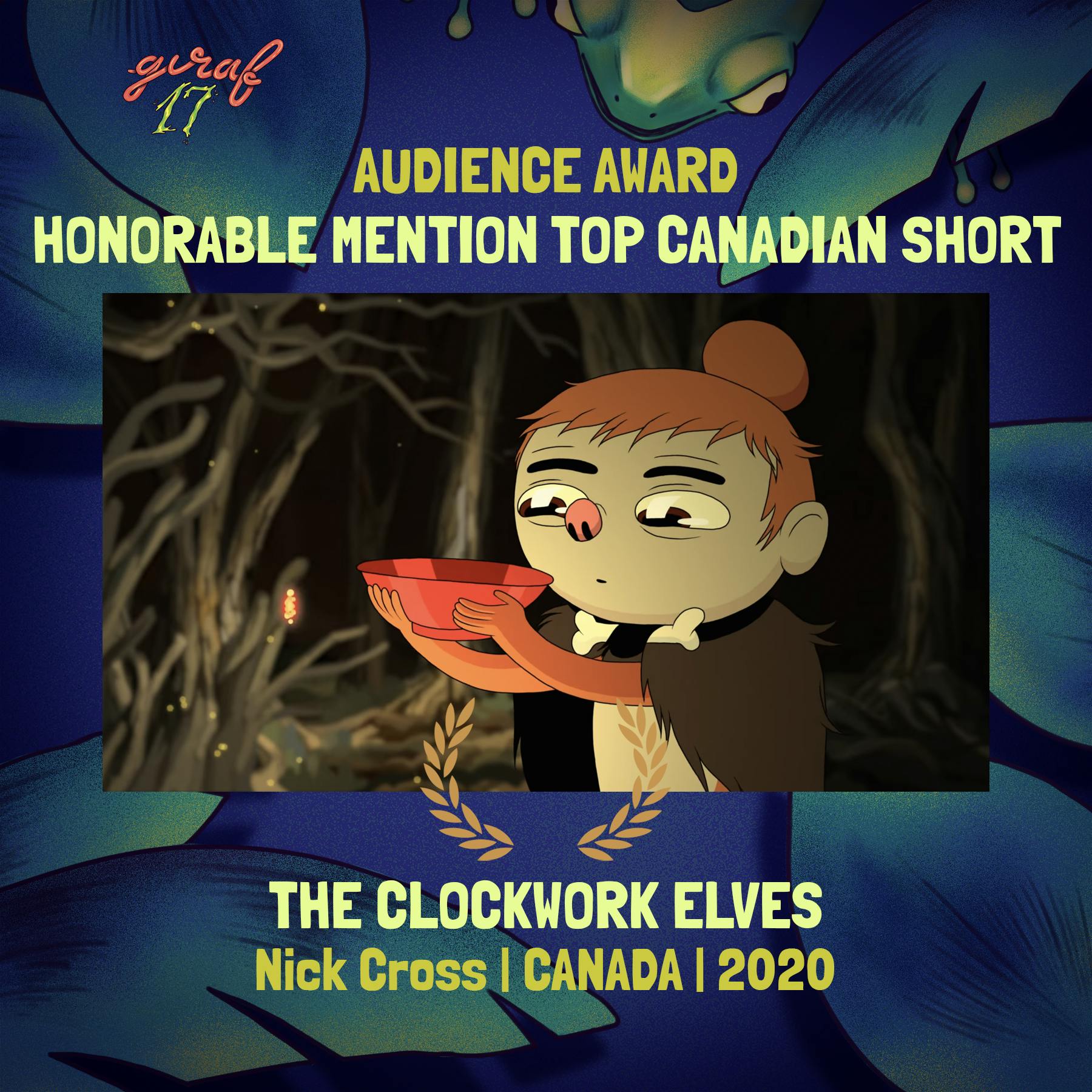 A gnome-like being stares suspiciously at the bowl it's holding. Surrounding text: GIRAF17 Audience Award: Honorable Mention Top Canadian Short; The Clockwork Elves; Nick Cross; Canada; 2020